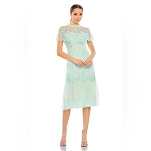 MAC DUGGAL MINT Embroidered Ruffled Cap Sleeve Midi Dress SIZE 4